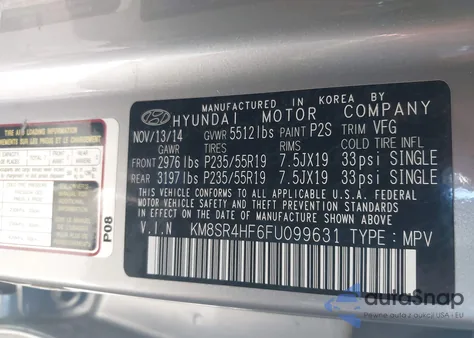 2015 Hyundai Santa Fe Gls z USA, uszkodzony, nr VIN KM8SR4HF6FU099631